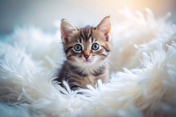 Fluffy Kitten Amidst Flying Feathers on White Bed - Adorable Macro Pet Photography