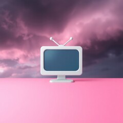Cartoon-style television set on a pink surface against a dramatic purple and gray cloudy sky