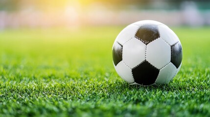 Fototapeta premium Soccer ball resting on a vibrant green field near professional goalposts in realistic photography