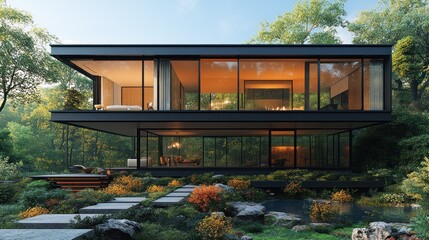 Modern glass house, forest setting, evening light, landscaping, architecture
