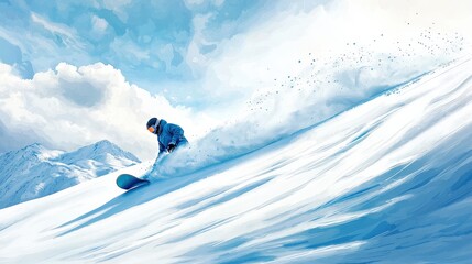 A snowboarder carves through fresh snow under a bright blue sky, showcasing the thrill and freedom of winter sports.