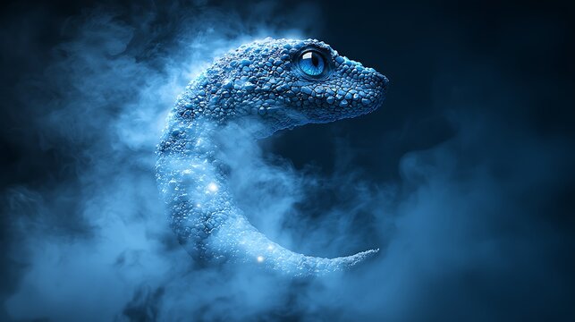 Glowing blue reptile in a smoky scene, can be used for fantasy or gaming. - Powered by Adobe