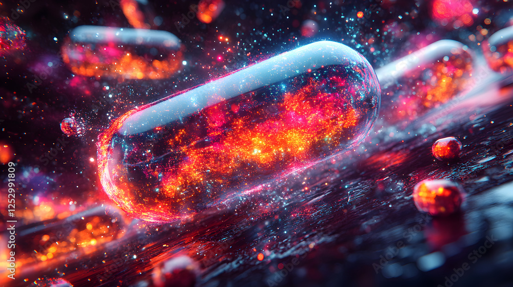 Poster a vibrant, cosmic representation of a capsule, surrounded by glowing particles, evoking themes of he