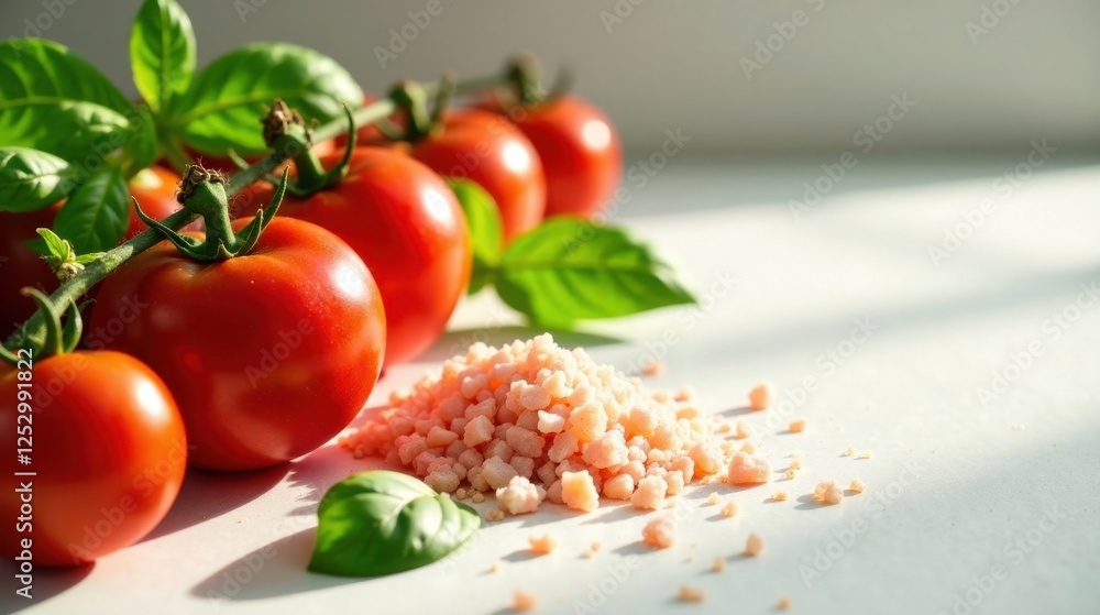 Poster vibrant red tomatoes on the vine with a delicate sprinkle of pink granules, illuminated by soft natu