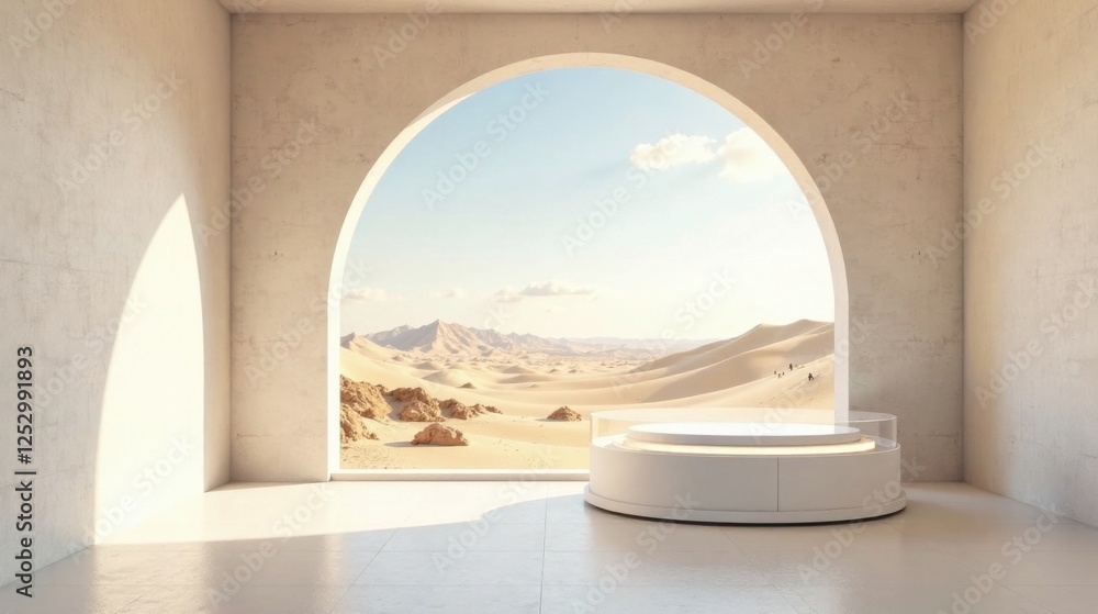 Poster serene minimalist interior with archway offering expansive desert vista and circular display platfor
