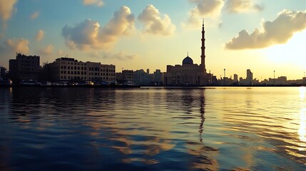 Fototapeta premium Sunset Silhouette of a Mosque and Cityscape Reflected in Calm Water
