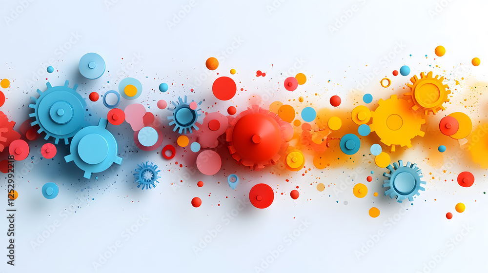 Poster a vibrant, abstract composition featuring colorful gears and circular elements against a clean backg