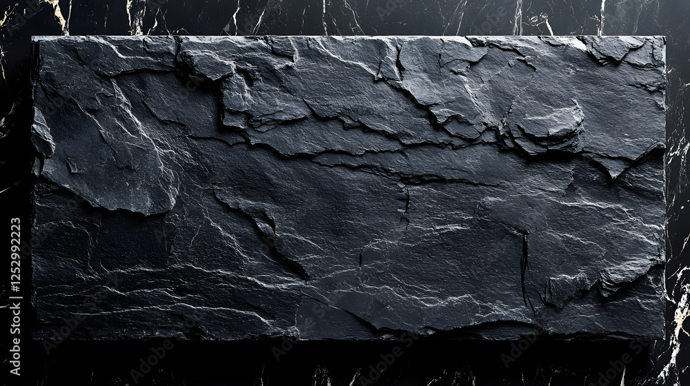 Poster a textured black stone slab with a rugged surface, showcasing natural patterns and variations in ton