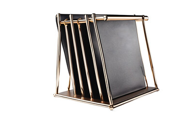 A high-end designer magazine rack made of sleek metal and leather on a empty plain background