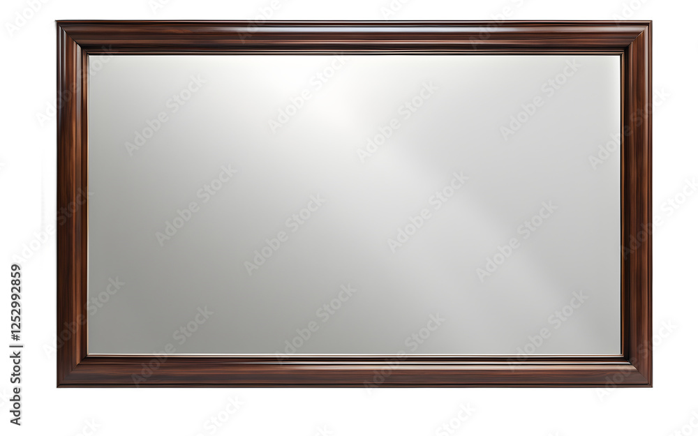 Poster A large rectangular mirror with a wooden frame and beveled edges on a empty plain background