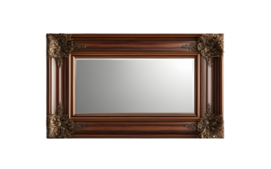A large rectangular mirror with a wooden frame and beveled edges on a empty plain background