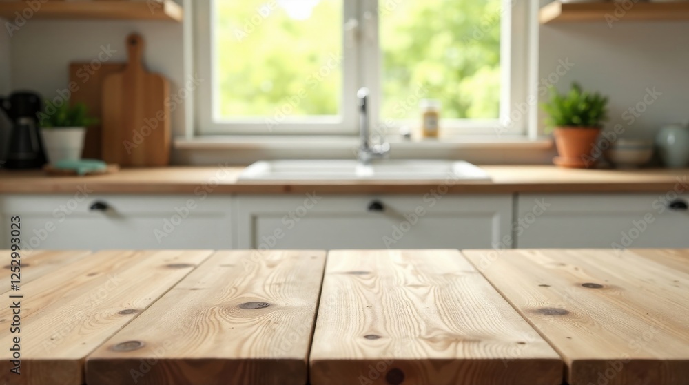 Aufkleber rustic wooden table in front of a bright, airy kitchen with blurred background of cabinetry and wind