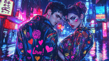 Obraz premium Fashion models as romantic pop art icons with heart and rose patterns, comic-style 'Love!' text, set against a vibrant city at night with glowing signs and rain reflecting neon lights.