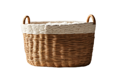 A large woven storage basket with a soft cotton lining on a empty plain background