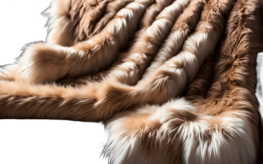 A luxurious faux fur throw blanket placed over a sofa arm on a empty plain background