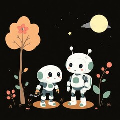 Two cute cartoon robots exploring a whimsical night garden under a glowing moon and stars