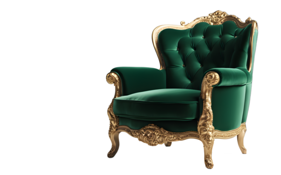 A luxurious velvet armchair in a rich emerald green color on a empty plain background