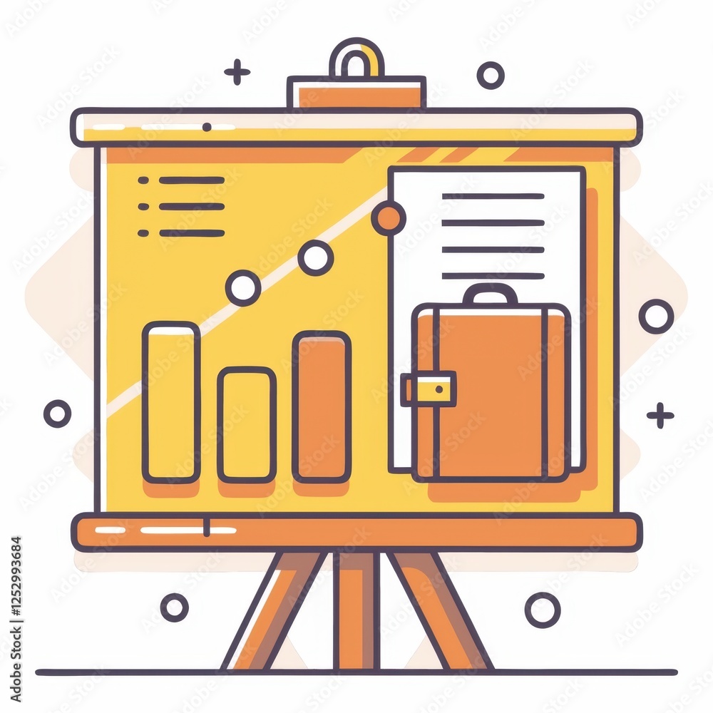 Poster a colorful illustration of a presentation board featuring graphs and a briefcase, symbolizing busine