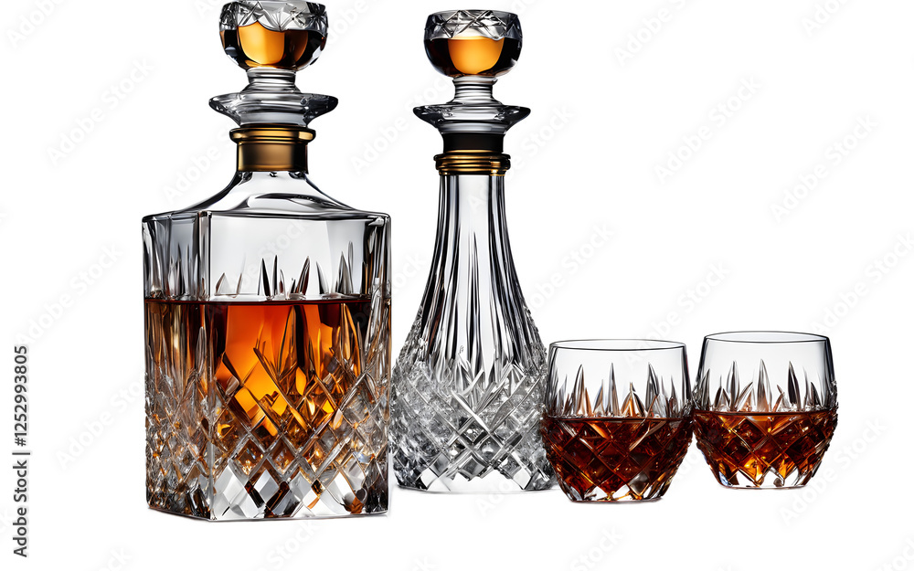 Poster A luxury crystal decanter with two matching glasses on a empty plain background
