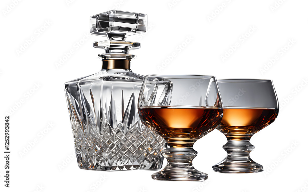 Poster a luxury crystal decanter with two matching glasses on a empty plain background