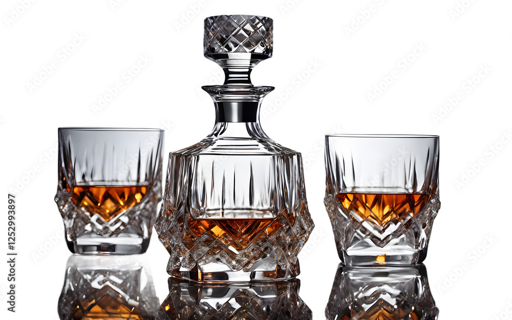 Poster A luxury crystal decanter with two matching glasses on a empty plain background