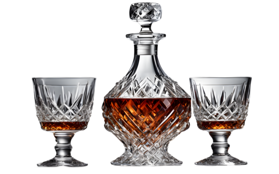 A luxury crystal decanter with two matching glasses on a empty plain background
