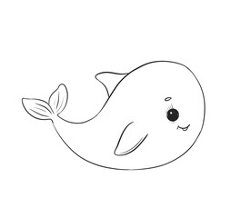 Cute cartoon whale swimming happily in a serene ocean environment during a bright sunny day