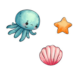 Cute sea creatures including an octopus, starfish, and seashell in a colorful underwater illustration