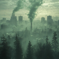 Obraz premium Green smoke rises from industrial chimney in foggy city