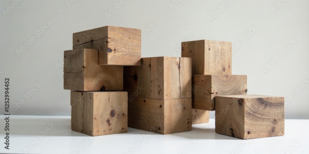 Aufkleber Rustic Wooden Blocks Arranged in an Abstract Composition on a Plain Surface