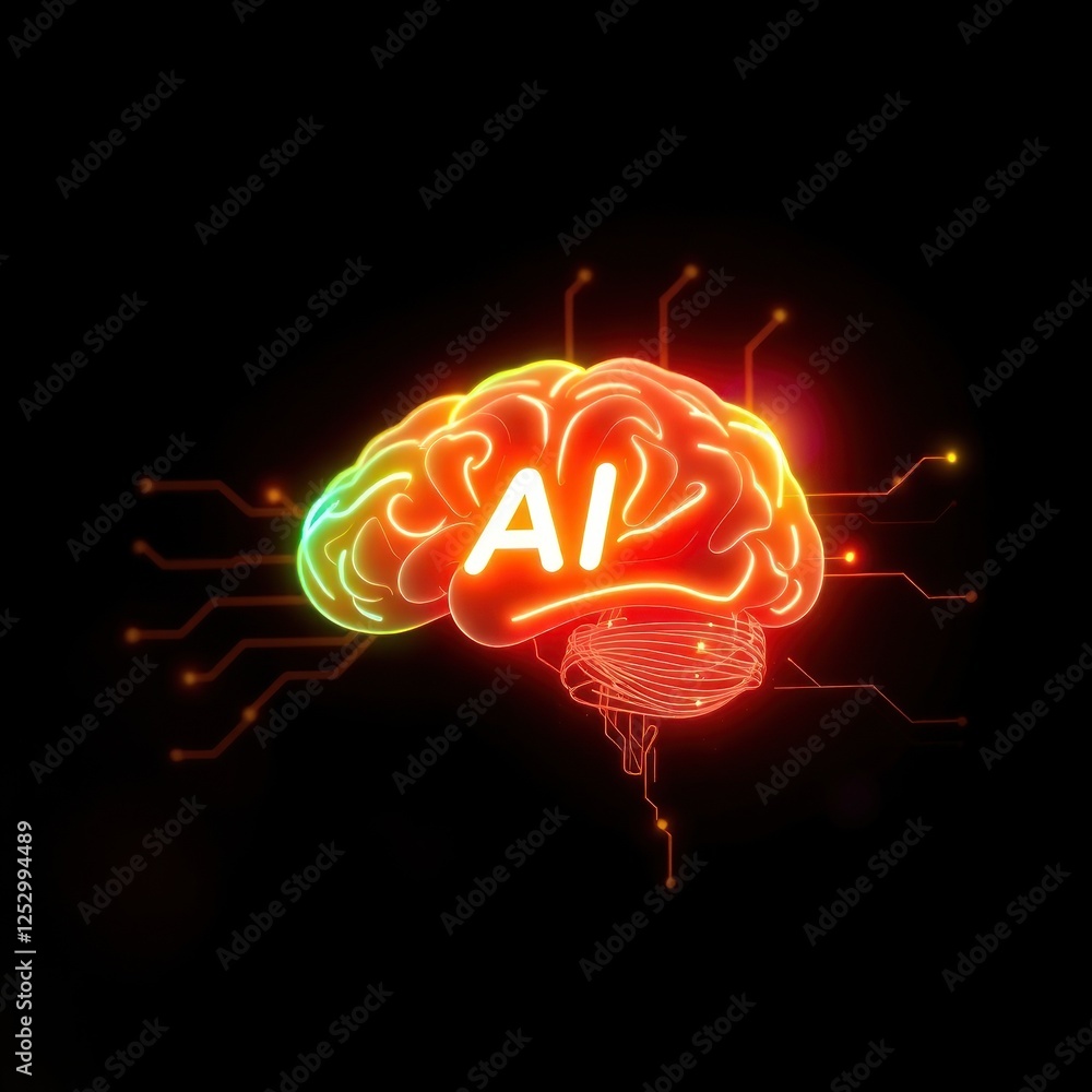 Aufkleber vibrant neon brain illustration representing artificial intelligence with circuit patterns and glowi