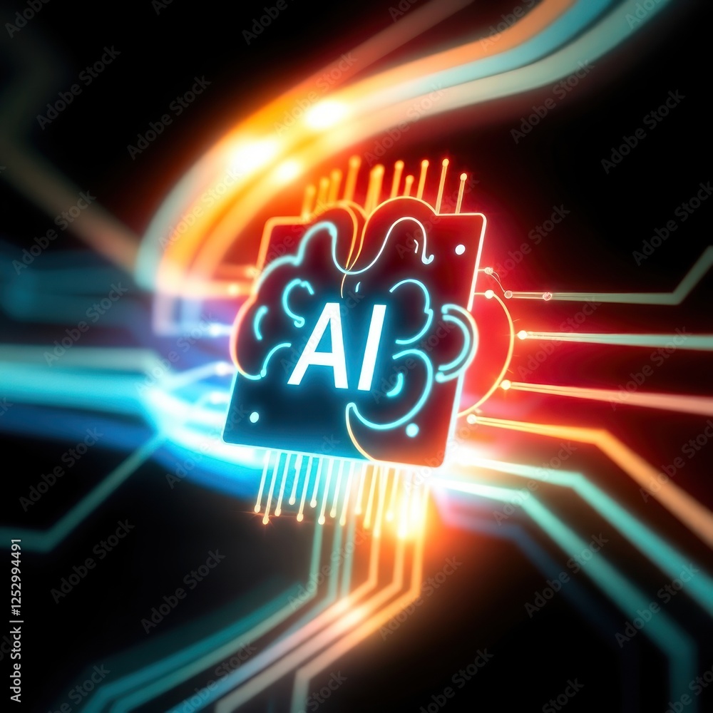 Poster abstract representation of artificial intelligence with illuminated circuits and vibrant colors