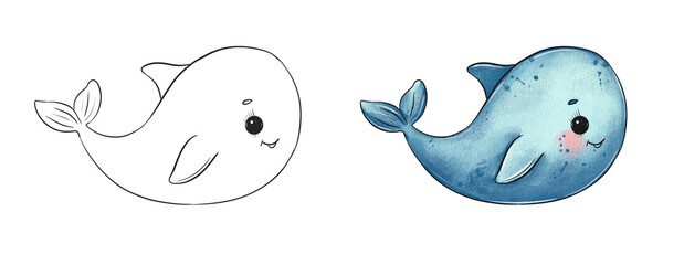 Fototapeta premium Cute cartoon whale illustration in black and white and colored versions for creative projects