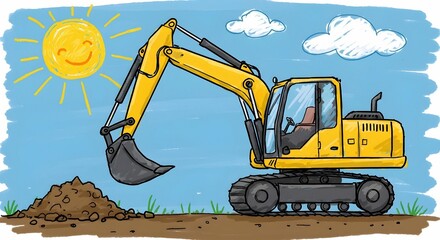 A yellow crayon excavator against a background of blue sky with white clouds.