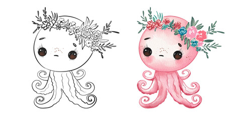 Colorful illustration of a cute octopus wearing floral crowns in contrasting styles created for art activities