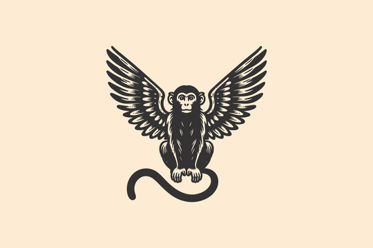 Flying monkey with wings in vintage surreal vector engraving style