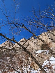 winter landscapes. Image of winter scenery of Bukhansan Mountain in Seoul, Korea. Hiking in Bukhansan National Park. korea mountains. trekking. korean landscapes. bukhansan national park.