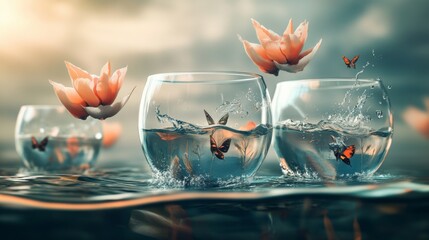 Elegant glass bowls with floating lotus flowers