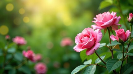 Delicate Pink Roses in a Lush Garden Setting Bathed in Soft Sunlight