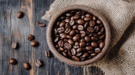Coffee beans spilling from a burlap sack onto a wooden surface