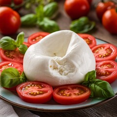 Fresh burrata cheese with ripe tomatoes and basil, displaying vibrant colors and a delicious arrangement.