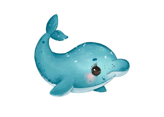 Cute blue dolphin illustration with whimsical expression and soft colors perfect for kids' room decor