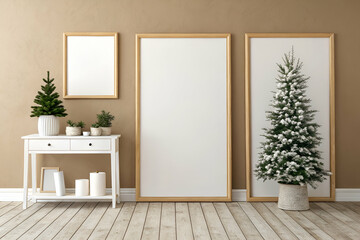 Christmas Decor Mockup With Empty Frames And Decorated Tree Interior Design