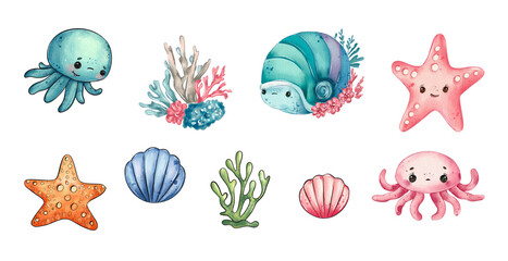 Colorful sea creatures and marine life illustration featuring various shapes and textures