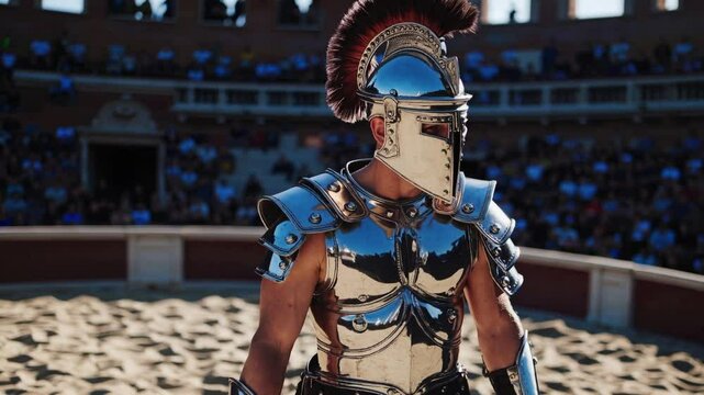 Gladiator wearing shiny armor stands in arena in sunny day