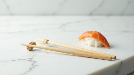 A single piece of salmon nigiri rests elegantly on a pristine white surface, accompanied by a pair of delicately crafted wooden chopsticks and a small decorative element.