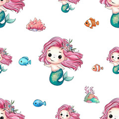 Cute mermaid pattern with colorful fish and coral in a whimsical underwater setting