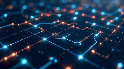 A futuristic and high-tech scene featuring a grid of interconnected, glowing blue lines on a dark surface. The image conveys a sense of advanced technology and digital connectivity, with sparkling par