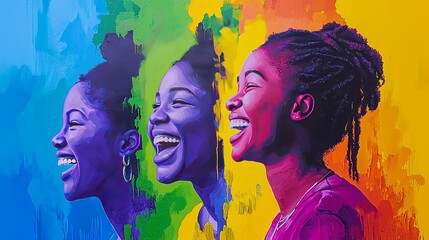 A joyful young Black woman with natural hair smiling against a vibrant, colorful mural background.
