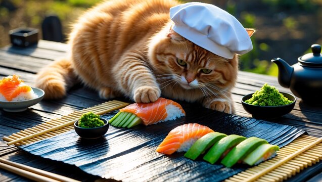 Culinary creativity unfolds as a roundbellied orange cat crafts sushi delicacies on a rustic wooden table in a serene outdoor setting, showcasing its playful spirit and culinary flair